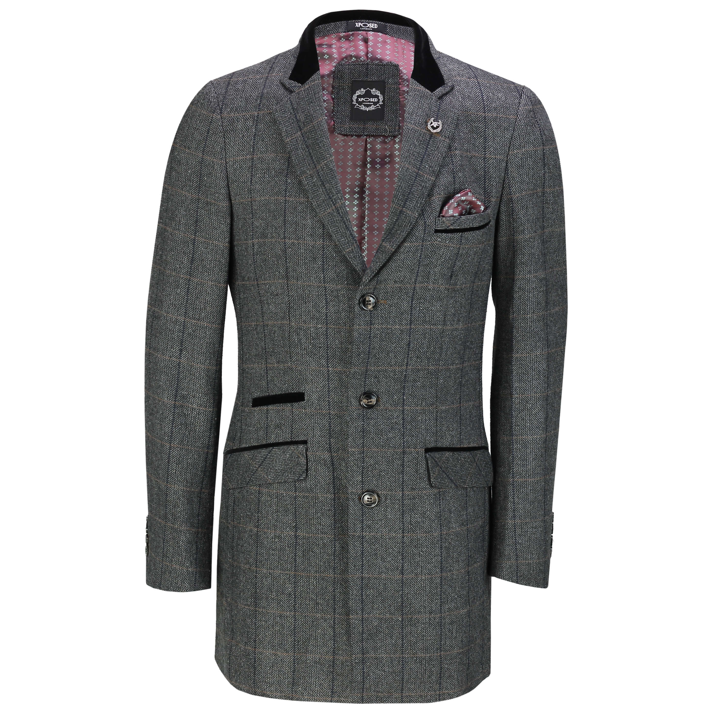 Mens 3/4 Long Over Coat Jacket Herringbone Tweed Check Retro Smart Tailored  Fit